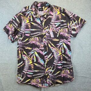 Rip Curl Button Up Shirt Mens XXL Black Tropical Neon Leaf Short Sleeve Surf
